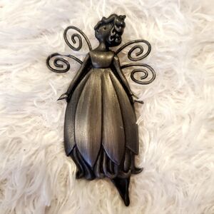 HALLMARK Pewter Fairy Brooch Long Flowy Dress Scroll Wings Rustic Whimsigoth